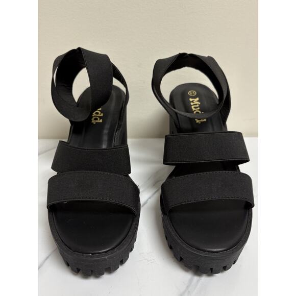 Mudd Womens Y2K Black Platform Block Heel Sandals 8.5 Lug Sole Stretch Straps - Picture 2 of 9
